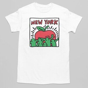 Funny Art NYC Haring Pop Art Apple Shirt. White. Multiple Sizes. Fast Shipping!